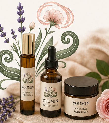 Youmin natuurlijke parfum, custom blend en huidverzorging met lavendel en roos