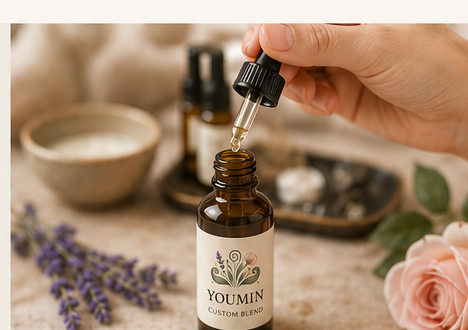 Pipet met natuurlijke olie boven een Youmin custom blend flesje