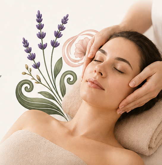 Ontspannende gezichtsmassage met botanische lavendelillustratie