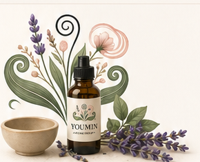 Aromatherapie fles met lavendel en keramische kom