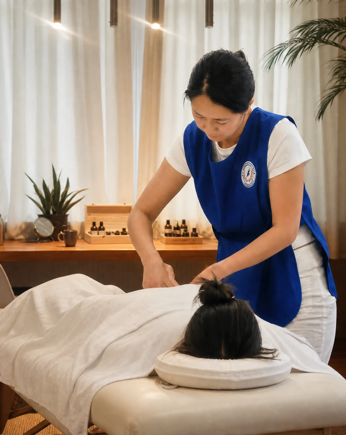 Youmin geeft een massage in haar praktijk, met zacht daglicht en haar collectie oliën op de achtergrond